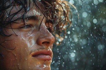 Intimate shot of a contemplative young man with wet hair and skin, as raindrops fall on him