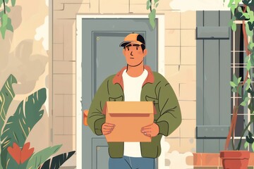 Delivery of goods and parcels, the delivery man holding cardboard box, illustration
