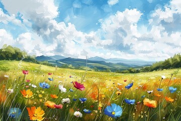 Colorful meadow painting representing a scenic landscape.
