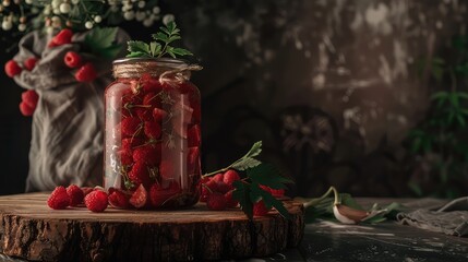 Homemade dessert of canned raspberries in a glass jar on a wooden table. A burst of vibrant red,...