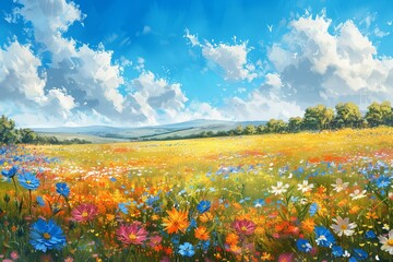 Colorful meadow painting representing a scenic landscape.