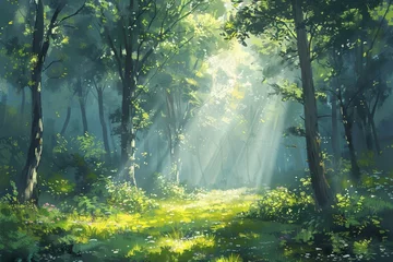 Gordijnen Illustration of a stunning woodland scene with sunlight streaming through the branches, captured in a landscape painting. © tonstock