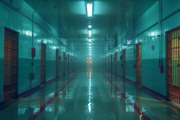 The foreboding, well-lit corridor of a prison, empty and haunting, conveys a sense of dread and confinement - obrazy, fototapety, plakaty