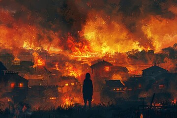 Digitally painted illustration showcasing the silhouette of a woman against a fiery village backdrop in an artful style. - obrazy, fototapety, plakaty