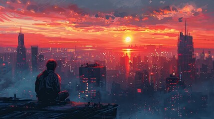 A gentleman perched on a rooftop in the urban landscape, observing the majestic dawn, captured in an artistic illustration. - obrazy, fototapety, plakaty