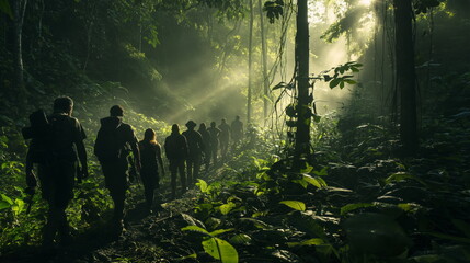 Group of experts preparing to embark on expedition deep into jungle in search of new mysteries and remains of ancient civilizations. Exciting atmosphere of suspense and anticipation