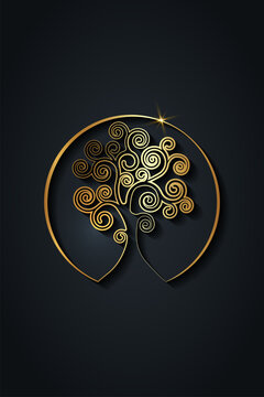 tree of life logo design, gold spiritual mandala, Sacred Geometry. Bright golden symbol of harmony and balance. Mystical talisman, luxury round sign vector isolated on black background