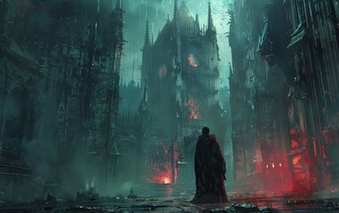 A brave warrior gazes at an enigmatic glow amidst ancient Gothic structures, depicted in a digital artistic format through an illustrated painting.