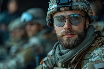 Soldier's face close-up, wearing combat helmet and tactical glasses, calm demeanor