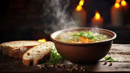 A bowl of vegetable soup with steam and sliced bread on the side.