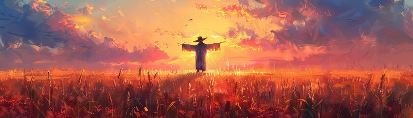 An illustration of a scarecrow standing in a cornfield as the sun sets in the sky, creating a beautiful painting. - obrazy, fototapety, plakaty