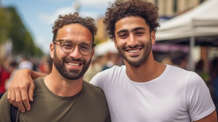 Two smiling men embracing, one with glasses, in a friendly pose outdoors.