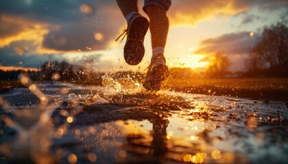 A man running in the rain with his feet splashing water by AI generated image - obrazy, fototapety, plakaty
