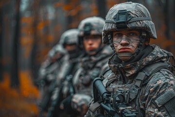 Soldiers in combat gear lined up in a forest during rainfall, displaying readiness