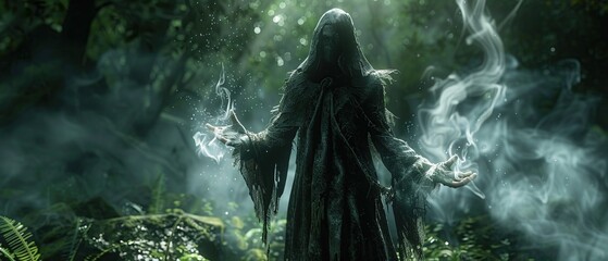 Design a sinister hag casting spells in a dark forest , unreal engine 5 - obrazy, fototapety, plakaty