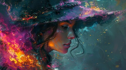 A witch with magical abilities creates enchantments using her powers in a digital art style for an illustration painting.