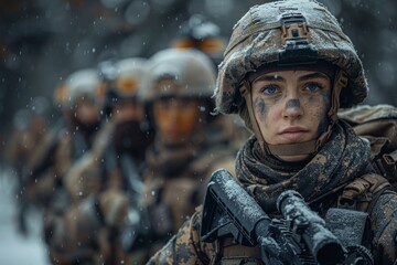 A focused female soldier with camouflage face paint in a snowy setting, surrounded by fellow troops - obrazy, fototapety, plakaty