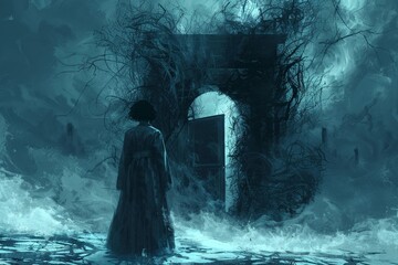 An elegant lady wearing a coat standing before a doorway engulfed by eerie twisted black vines, created in a digital art format with a painterly look.