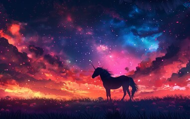 The mystical horse stands solitary amidst the vibrant evening sky in a digital artwork, rendered in an illustrative painting style.