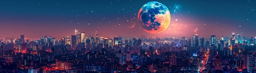 An illustration of a vivid cityscape at night with a bright full moon hovering above the colorful city lights.