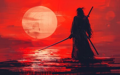 Illustration of a warrior holding a katana on a stunning sunset backdrop.