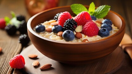 A bowl of oatmeal topped with fresh berries and almonds.