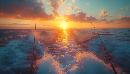 Speed boat rides extremely fast in open ocean waves with two tuna fishing rods fixed on deck stern. Evening sunset time sport angling. Active sporty people vacation and traveling concept image. - obrazy, fototapety, plakaty