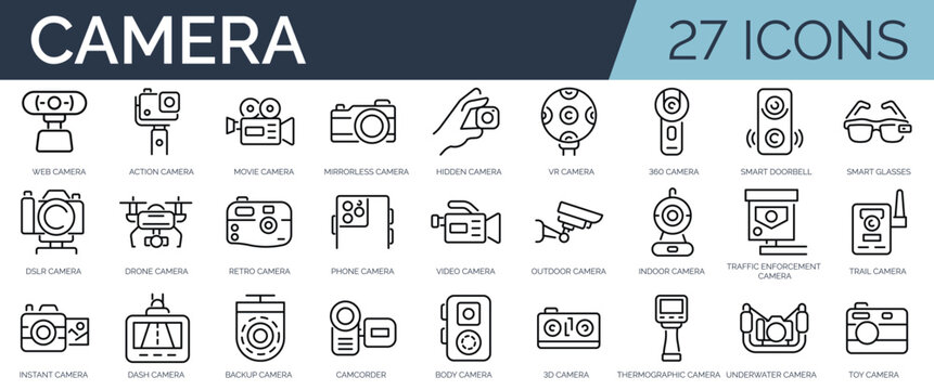 Set of 27 outline icons related to camera. Linear icon collection. Editable stroke. Vector illustration