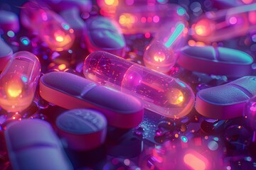 Pills and capsules emit an eerie purple glow in the dark wallpaper