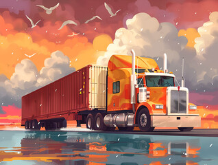 An illustrated orange semi-truck hauling a cargo container by the seaside at sunset, with seagulls flying overhead. - obrazy, fototapety, plakaty