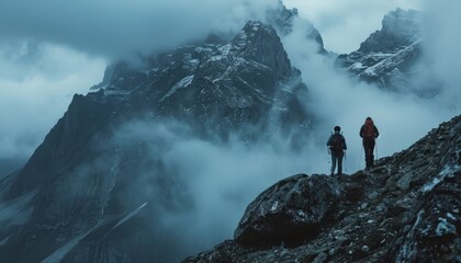 Two people are hiking up a mountain in the fog by AI generated image