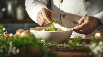 Chef garnishing a bowl of food with herbs in a kitchen setting.
