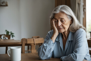 Unhappy old Caucasian woman sit at table at home cry feeling depressed sad suffer from life or health problems. Upset lonely mature female distressed with loneliness solitude, mourn yearn at home