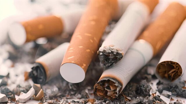 Close-up of extinguished cigarettes with ashes. Concept of the harmful effects of smoking.