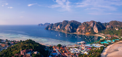 Aerial view panorama landscape longtail boat on Phi Phi island from drone, travel landmark of...