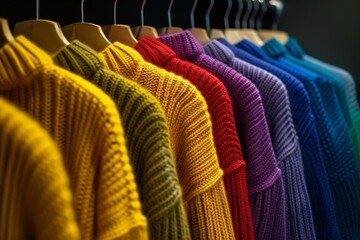 A row of brightly colored knit sweaters hanging on a rack. The colors are yellow, red, blue, and purple - Powered by Adobe