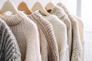 Fototapeta na wymiar A row of white sweaters hanging on a rack. The sweaters are knitted and have a cozy, warm feeling