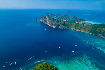 Landscape of Nui beach in koh Phi Phi Don island Krabi, Thailand, Aerial top view