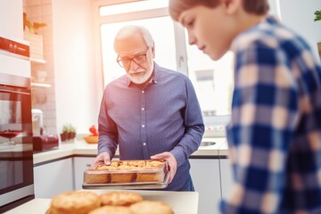 An older man is holding a tray of cookies in front of a young boy