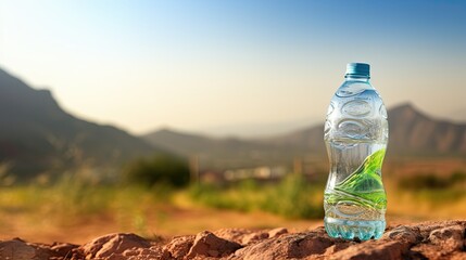 Bottle of water in desert setting