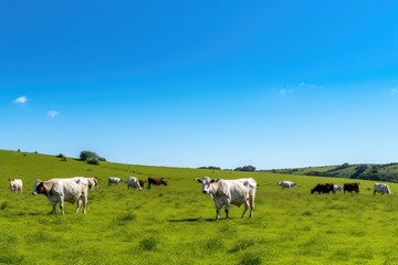 Obraz premium Cows grazing on a lush green hill under blue sky