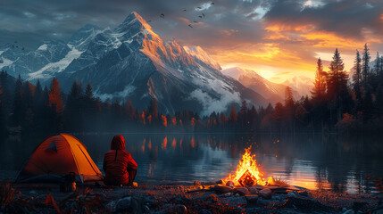 Alone camper sits beside a glowing campfire, gazing at the brilliant sunset reflecting in the calm waters of a mountain lake, with majestic snow-covered peaks rising in the background and a vibrant o - obrazy, fototapety, plakaty