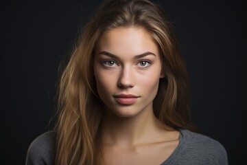 Fototapeta premium A woman with long brown hair and blue eyes is smiling