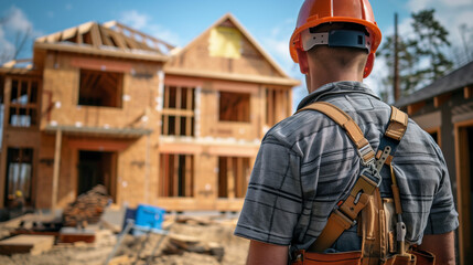 Fototapeta premium Professional builder working on a construction site, seen up close and from behind