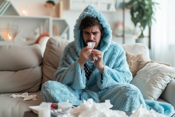 A man in a blue hooded sweatshirt is sitting on a couch and blowing his nose. He is surrounded by tissues and a bottle. Concept of discomfort and illness