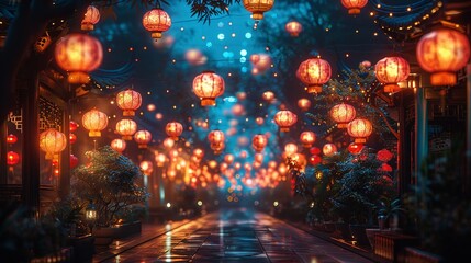 A festive lantern festival, with the night sky lit by thousands of lanterns symbolizing hope and dreams - obrazy, fototapety, plakaty