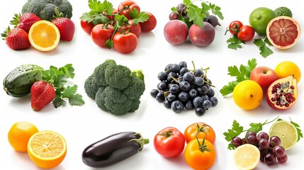 Set of fresh vegetables and fruits isolated on white background for clipping path