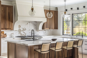 Luxurious kitchen with walnut cabinetry, marble countertops, and elegant glass pendant lights,...