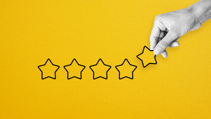 Reputation management. Customer Experience Concept. Woman hand puts five star excellent rating,...