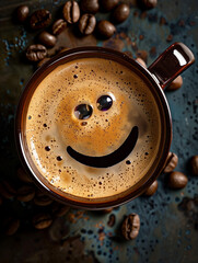 Smiling Face in Coffee Foam with Beans
